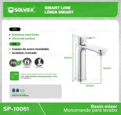SP-10061-(Caja master 1 CTN=10 SKU)-(MOQ 1 SKU)-Monomando para lavabo
Cuerpo de  acero inoxidable