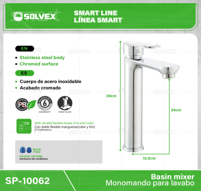 SP-10062-(Caja master 1 CTN=10 SKU)-(MOQ 1 SKU)-Monomando para lavabo
Cuerpo de  acero inoxidable