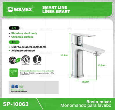 SP-10063-(Caja master 1 CTN=10 SKU)-(MOQ 1 SKU)-Monomando para lavabo
Cuerpo de  acero inoxidable