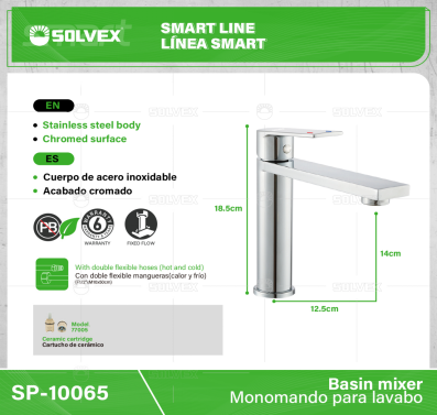 SP-10065-(Caja master 1 CTN=10 SKU)-(MOQ 1 SKU)-Monomando para lavabo
Cuerpo de  acero inoxidable