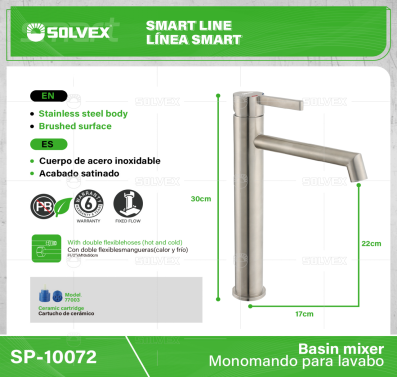 SP-10072-(Caja master 1 CTN=10 SKU)-(MOQ 1 SKU)-Monomando para lavabo
Cuerpo,cuello y maneral de acero inoxidable