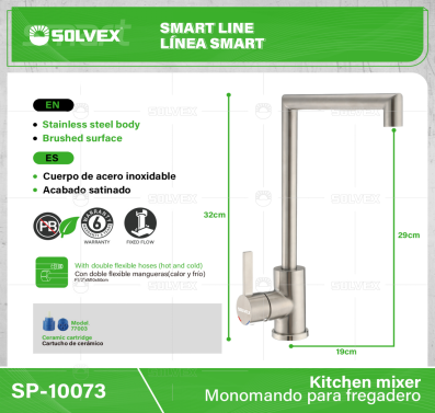 SP-10073-(Caja master 1 CTN=6 SKU)-(MOQ 1 SKU)-Monomando para fregadero
Cuerpo,cuello y maneral de acero inoxidable