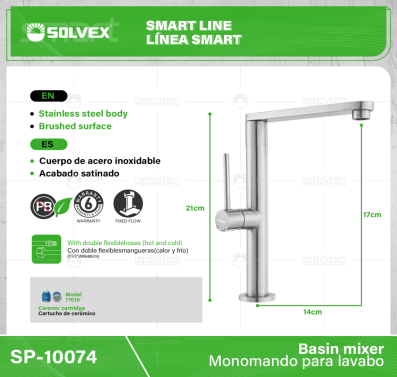 SP-10074-(Caja master 1 CTN=10 SKU)-(MOQ 1 SKU)-Monomando para lavabo
Cuerpo,cuello y maneral de acero inoxidable