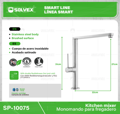 SP-10075-(Caja master 1 CTN=6 SKU)-(MOQ 1 SKU)-Monomando para fregadero
Cuerpo,cuello y maneral de acero inoxidable