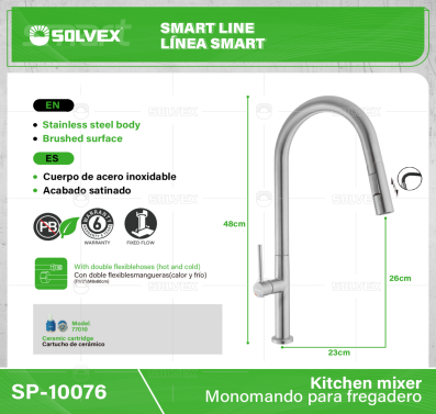 SP-10076-(Caja master 1 CTN=6 SKU)-(MOQ 1 SKU)-Monomando para fregadero
Cuerpo y maneral de acero inoxidable