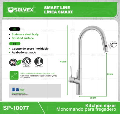 SP-10077-(Caja master 1 CTN=6 SKU)-(MOQ 1 SKU)-Monomando para fregadero
Cuerpo y maneral de acero inoxidable