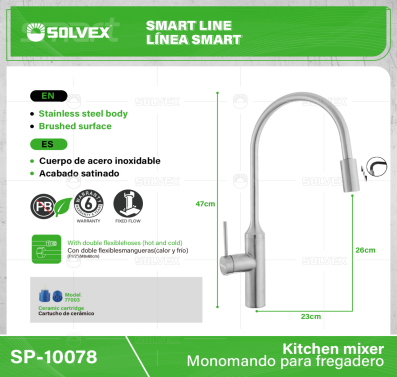 SP-10078-(Caja master 1 CTN=6 SKU)-(MOQ 1 SKU)-Monomando para fregadero
Cuerpo y maneral de acero inoxidable