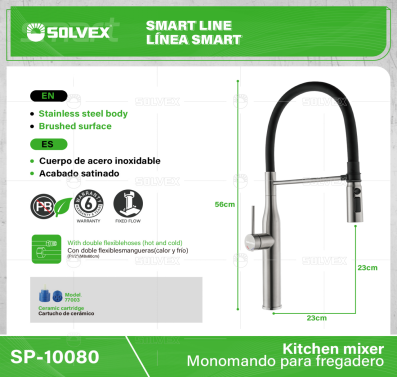 SP-10080-(Caja master 1 CTN=6 SKU)-(MOQ 1 SKU)-Monomando para fregadero
Cuerpo y maneral de acero inoxidable