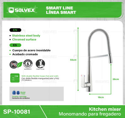SP-10081-(Caja master 1 CTN=6 SKU)-(MOQ 1 SKU)-Monomando para fregadero
Cuerpo de acero inoxidable