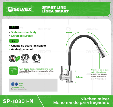 SP-10301-N-(Caja master 1 CTN=10 SKU)-(MOQ 1 SKU)-Monomando para fregadero
Cuerpo de acero inoxidable
