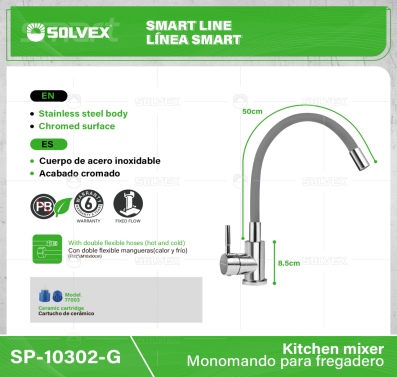 SP-10302-G-(Caja master 1 CTN=10 SKU)-(MOQ 1 SKU)-Monomando para fregadero
Cuerpo de acero inoxidable