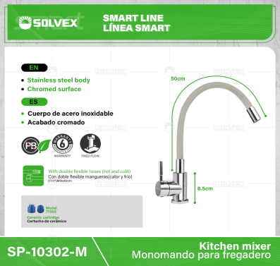 SP-10302-M-(Caja master 1 CTN=10 SKU)-(MOQ 1 SKU)-Monomando para fregadero
Cuerpo de acero inoxidable