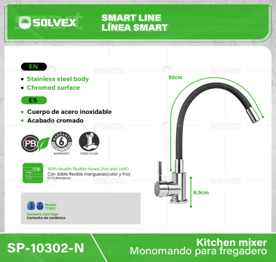 SP-10302-N-(Caja master 1 CTN=10 SKU)-(MOQ 1 SKU)-Monomando para fregadero
Cuerpo de acero inoxidable