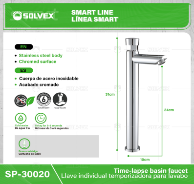 SP-30020-(Caja master 1 CTN=20 SKU)-(MOQ 1 SKU)-Llave individual temporizadora para lavabo
cuerpo de acero inoxidable