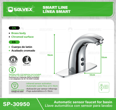 SP-30950-(Caja master 1 CTN=6 SKU)-(MOQ 1 SKU)-Llave automática con sensor para lavabo
Cuerpo de latón