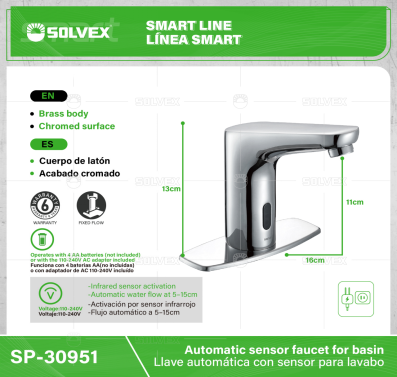 SP-30951-(Caja master 1 CTN=6 SKU)-(MOQ 1 SKU)-Llave automática con sensor para lavabo
Cuerpo de latón