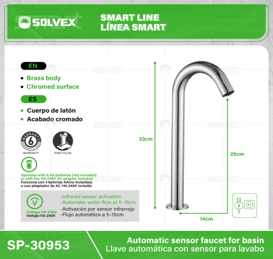 SP-30953-(Caja master 1 CTN=6 SKU)-(MOQ 1 SKU)-Llave automática con sensor para lavabo
Cuerpo de latón