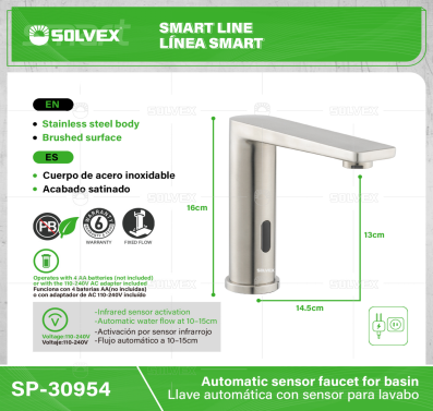 SP-30954-(Caja master 1 CTN=6 SKU)-(MOQ 1 SKU)-Llave automática con sensor para lavabo
cuerpo de acero inoxidable