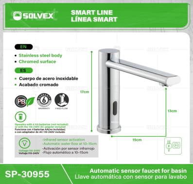 SP-30955-(Caja master 1 CTN=6 SKU)-(MOQ 1 SKU)-Llave automática con sensor para lavabo
cuerpo de acero inoxidable