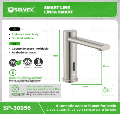 SP-30956-(Caja master 1 CTN=6 SKU)-(MOQ 1 SKU)-Llave automática con sensor para lavabo
cuerpo de acero inoxidable