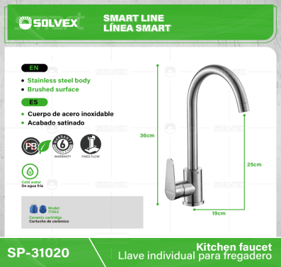 SP-31020-(Caja master 1 CTN=6 SKU)-(MOQ 1 SKU)-Llave individual para fregadero
Cuerpo de acero inoxidable