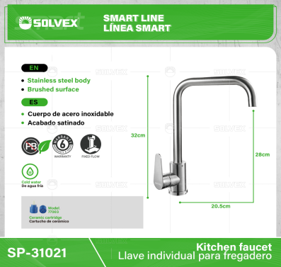 SP-31021-(Caja master 1 CTN=6 SKU)-(MOQ 1 SKU)-Llave individual para fregadero
Cuerpo de acero inoxidable