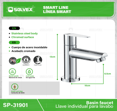 SP-31901-(Caja master 1 CTN=20 SKU)-(MOQ 1 SKU)-Llave individual para lavabo
Cuerpo  de acero inoxidable