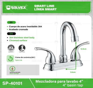 SP-40101-(Caja master 1 CTN=20 SKU)-(MOQ 1 SKU)-Mezcladora para lavabo 4"
Cuerpo de  acero inoxidable 304