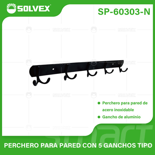 SP-60303-N (Caja master 50)(MOQ 2 pzs=1 caja) Perchero para pared con 5 ganchos tipo