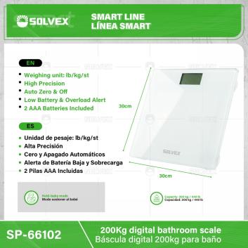 SP-66102-(Caja master 1 CTN=5 SKU)-(MOQ 1 SKU)-Cuerpo: Plástico ABS+HIPS + vidrio templado (30 x 30 x 0.6Cm)
Rango de pesaje: 180 kg/396 lb