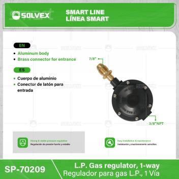 SP-70209-(Caja master 1 CTN=50 SKU)-(MOQ 1 SKU)-Regulador para gas L.P., 1 Vía
Cuerpo de aluminio