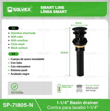 SP-71805-N-(Caja master 1 CTN=50 SKU)-(MOQ 1 SKU)-Contra para lavabo1-1/4"
Cuerpo de acero inoxidable