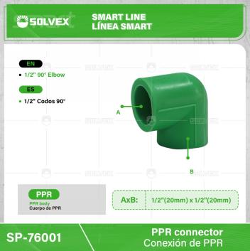 SP-76001-(Caja master 1 CTN=800 SKU)-(MOQ 40 SKU)-1/2" codo 90°
Cuerpo de PPR