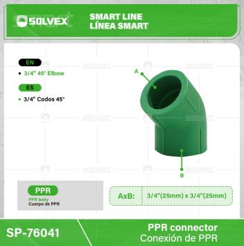SP-76041-(Caja master 1 CTN=510 SKU)-(MOQ 30 SKU)-3/4" codo 45°
Cuerpo de PPR