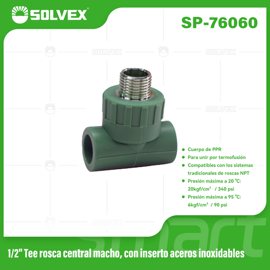SP-76060 (Caja master 200)(MOQ 10pzs=1bolsa) 1/2" Tee rosca central macho, con inserto aceros inoxidables