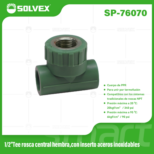 SP-76070 (Caja master 200)(MOQ 10pzs=1bolsa) 1/2"Tee rosca central hembra,con inserto aceros inoxidables