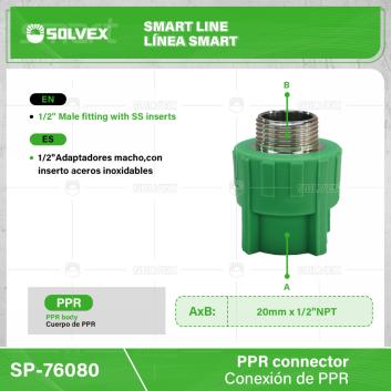 SP-76080-(Caja master 1 CTN=240 SKU)-(MOQ 30 SKU)-1/2" Adaptador macho, con inserto de acero inoxidable
Cuerpo de PPR