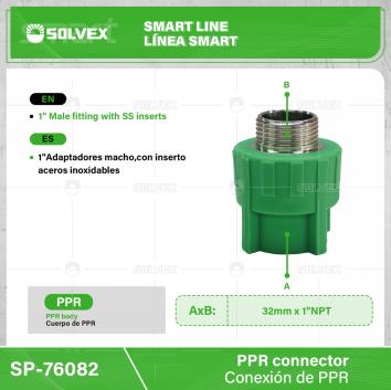 SP-76082-(Caja master 1 CTN=80 SKU)-(MOQ 10 SKU)-1" Adaptador macho, con inserto de acero inoxidable
Cuerpo de PPR