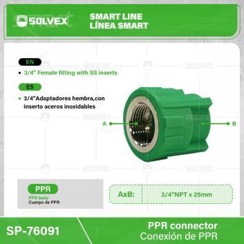 SP-76091-(Caja master 1 CTN=200 SKU)-(MOQ 20 SKU)-3/4" Adaptador hembra, con inserto de acero inoxidable
Cuerpo de PPR