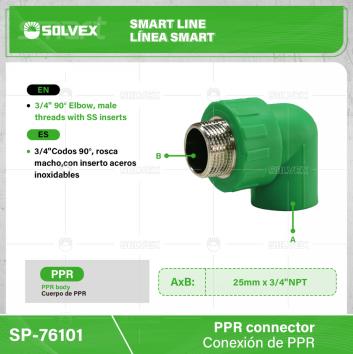 SP-76101-(Caja master 1 CTN=140 SKU)-(MOQ 20 SKU)-3/4" codo 90°, rosca macho, con inserto de acero inoxidable
Cuerpo de PPR