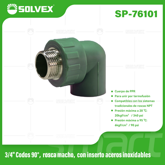 SP-76101 (Caja master 150)(MOQ 10pzs=1bolsa) 3/4" Codos 90°,rosca macho, con inserto aceros inoxidables