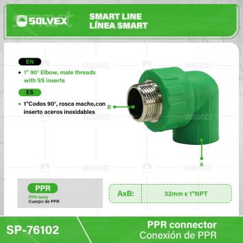 SP-76102-(Caja master 1 CTN=80 SKU)-(MOQ 10 SKU)-1" codo 90°, rosca macho, con inserto de acero inoxidable
Cuerpo de PPR