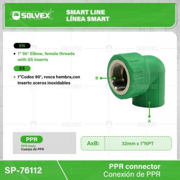 SP-76112-(Caja master 1 CTN=100 SKU)-(MOQ 10 SKU)-1" codo 90°, rosca hembra, con inserto de acero inoxidable
Cuerpo de PPR