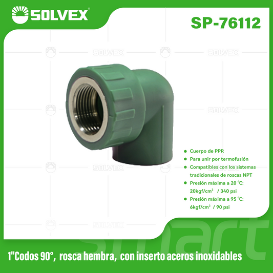 SP-76112 (Caja master 100)(MOQ 10pzs=1bolsa) 1"Codos 90°, rosca hembra, coninserto aceros inoxidables