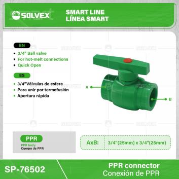 SP-76502-(Caja master 1 CTN=100 SKU)-(MOQ 10 SKU)-3/4" Válvula de esfera
Cuerpo de PPR