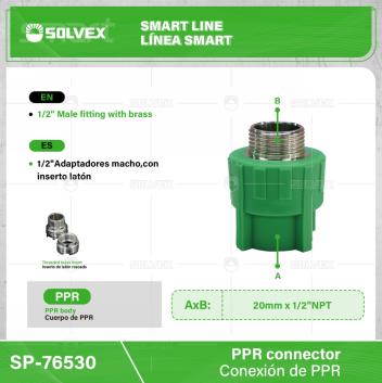 SP-76530-(Caja master 1 CTN=200 SKU)-(MOQ 10 SKU)-1/2" Adaptador macho, con inserto de latón
Cuerpo de PPR