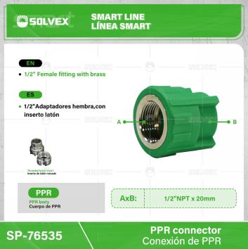 SP-76535-(Caja master 1 CTN=300 SKU)-(MOQ 10 SKU)-1/2" Adaptador hembra, con inserto de latón
Cuerpo de PPR