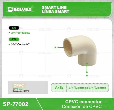 SP-77002-(Caja master 1 CTN=340 SKU)-(MOQ 20 SKU)-3/4" codo 90°
Cuerpo de CPVC