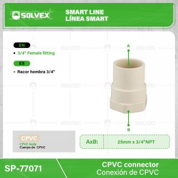 SP-77071-(Caja master 1 CTN=360 SKU)-(MOQ 20 SKU)-Racor hembra 3/4"
Cuerpo de CPVC
