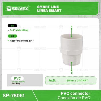 SP-78061-(Caja master 1 CTN=500 SKU)-(MOQ 10 SKU)-Racor macho de 3/4"
Cuerpo de PVC